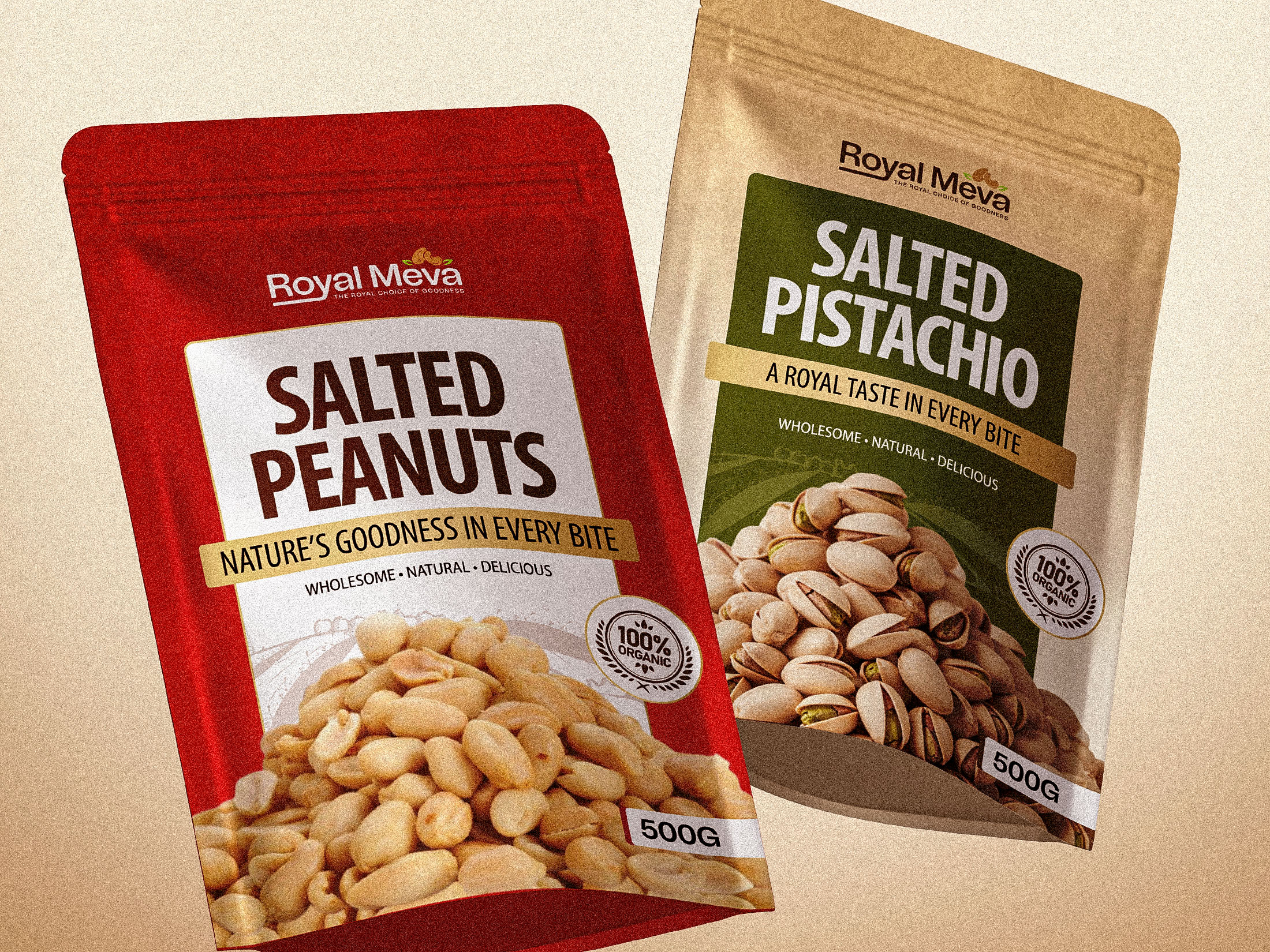 Royal Meva Salted Peanuts and Salted Pistachio pouch packaging design